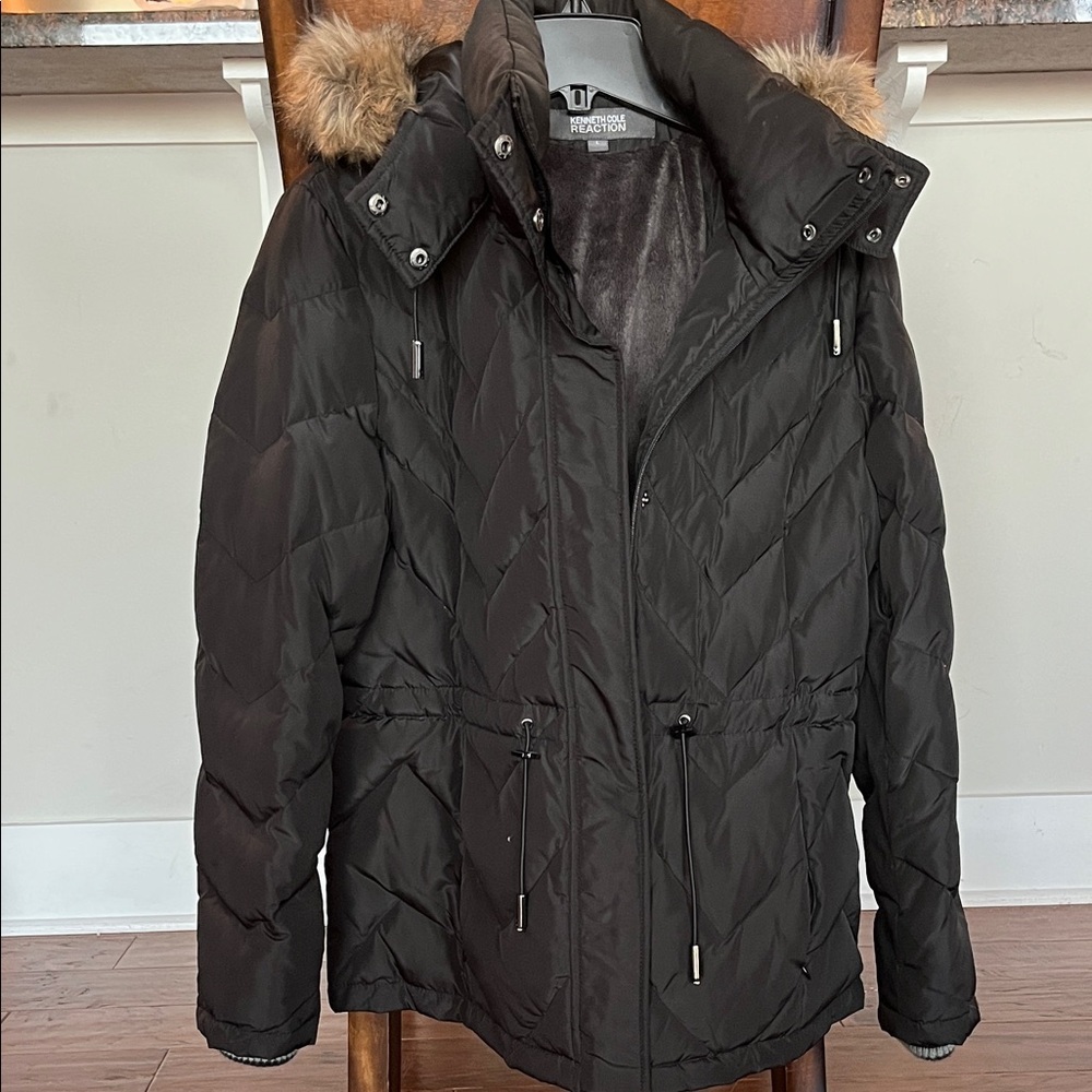 Kenneth Cole Reaction Black Quilted Ski Jacket with Faux Fur Hood